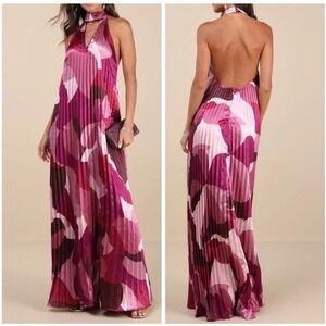NWT‎ Lulus Prime Poise Pink Multi Abstract Satin Halter Maxi Dress XL